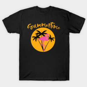 Summertime Flamingo with Palms and Sunset Tee Summer Tshirt