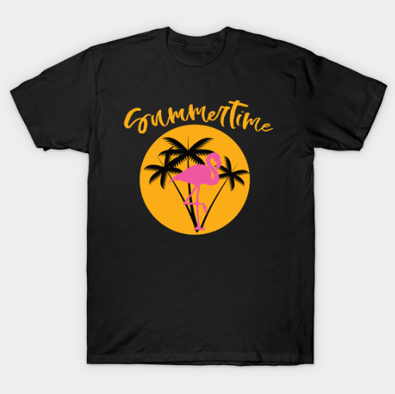Summertime Flamingo with Palms and Sunset Tee Summer Tshirt